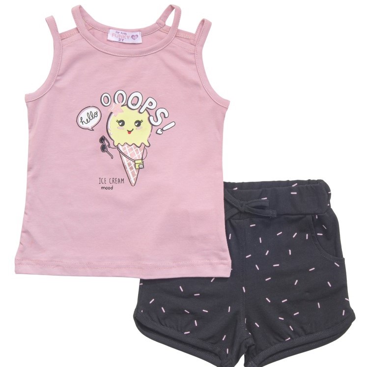 Παιδικό σετ 2 τεμαχίων για κορίτσι,ροζ μπλούζα παγωτό  - μαύρο σορτς 1-6  (Funky)