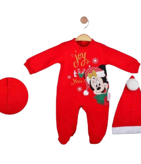Βρεφικό ολόσωμο φορμάκι και σκουφάκι με τον Mickey κόκκινο