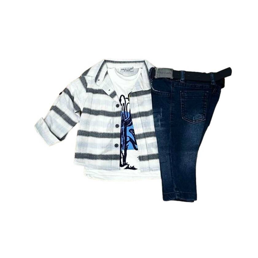 Τριπλέτα για αγόρι ριγέ πουκάμισο – τζιν παντελόνι – μπλουζάκι (Mi&Mo Colection)